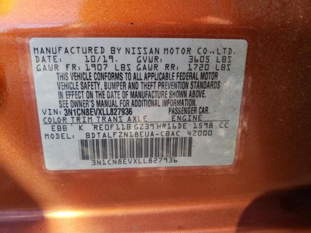 3N1CN8EVXLL827936 - 2020 NISSAN VERSA SV ORANGE photo 12