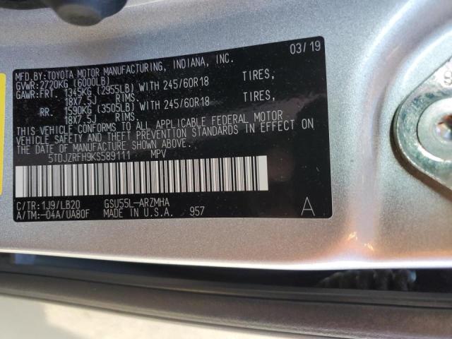 5TDJZRFH9KS589111 - 2019 TOYOTA HIGHLANDER SE SILVER photo 13