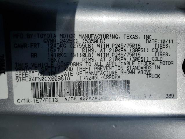 5TFUX4EN0CX009818 - 2012 TOYOTA TACOMA ACCESS CAB ვერცხლისფერი ფოტო 12