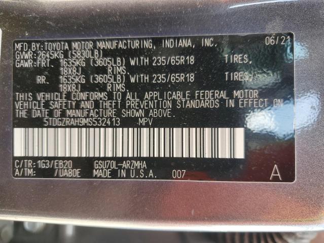 5TDGZRAH9MS532413 - 2021 TOYOTA HIGHLANDER XLE GRAY photo 14