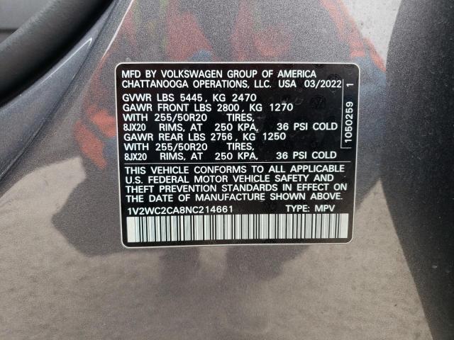 1V2WC2CA8NC214661 - 2022 VOLKSWAGEN ATLAS CROS SE Серый фото 13