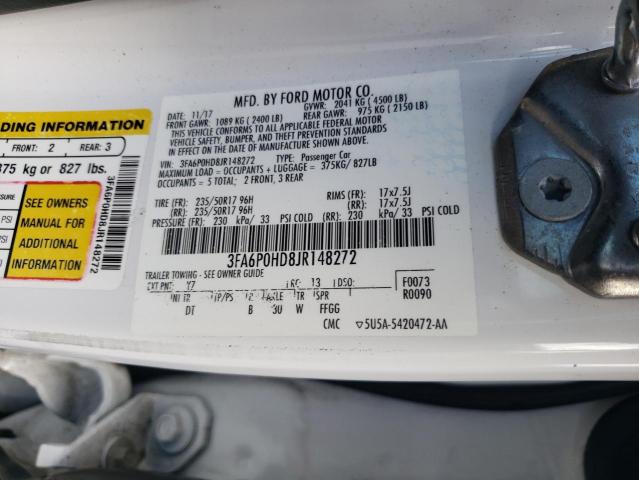 3FA6P0HD8JR148272 - 2018 FORD FUSION SE WHITE photo 12