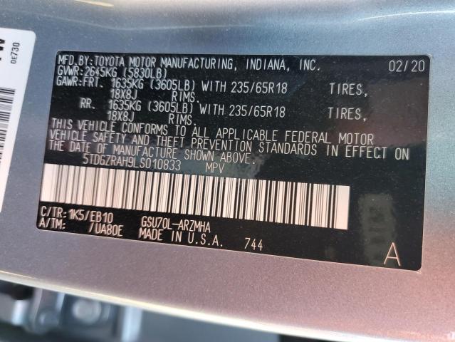 5TDGZRAH9LS010833 - 2020 TOYOTA HIGHLANDER XLE ნაცრისფერი ფოტო 12