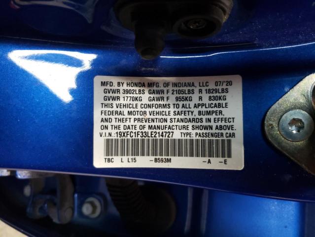 19XFC1F33LE214727 - 2020 HONDA CIVIC EX ლურჯი ფოტო 12
