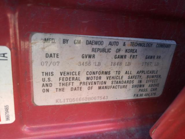 KL1TD56668B067543 - 2008 CHEVROLET AVEO BASE Bordo foto 12