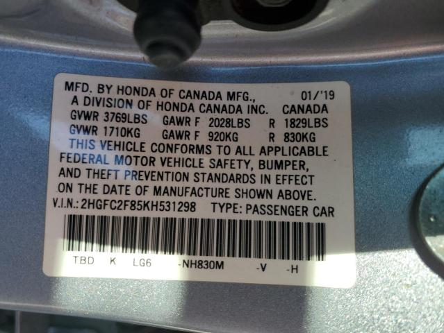 2HGFC2F85KH531298 - 2019 HONDA CIVIC SPORT 银色 照片 12