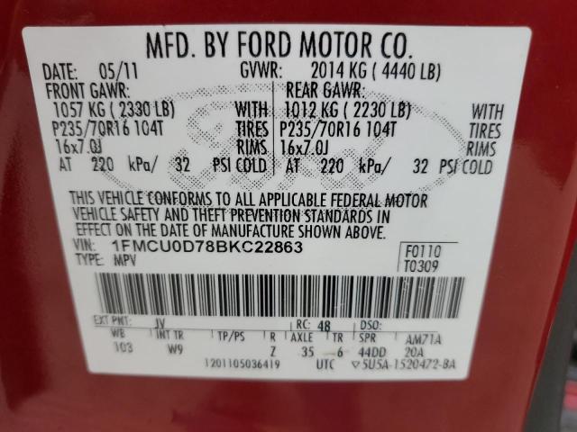 1FMCU0D78BKC22863 - 2011 FORD ESCAPE XLT RED photo 13