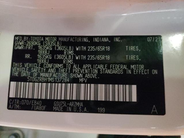 5TDGZRBH1MS137284 - 2021 TOYOTA HIGHLANDER XLE WHITE photo 12