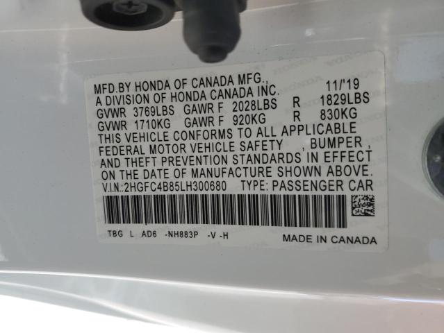 2HGFC4B85LH300680 - 2020 HONDA CIVIC SPORT 白色 照片 12