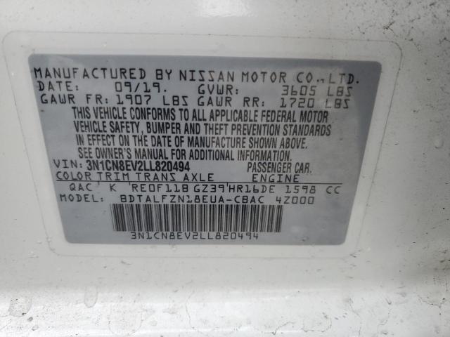 3N1CN8EV2LL820494 - 2020 NISSAN VERSA SV WHITE photo 12