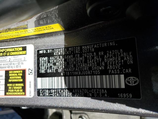 4T1B11HK8JU087105 - 2018 TOYOTA CAMRY AU L GRAY photo 13