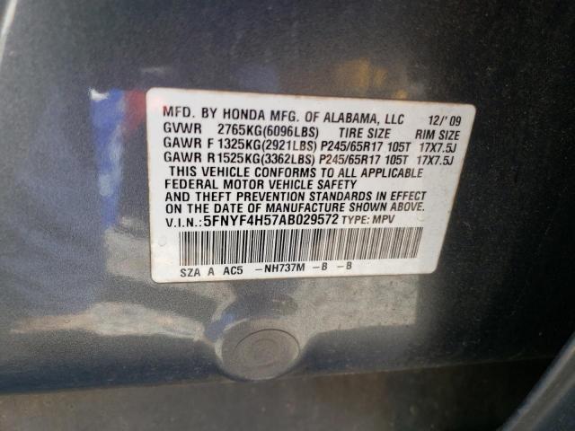 5FNYF4H57AB029572 - 2010 HONDA PILOT EXL GRAY photo 12