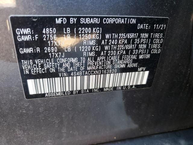 4S4BTACCXN3163820 - 2022 SUBARU OUTBACK PREMIUM GRAY photo 14