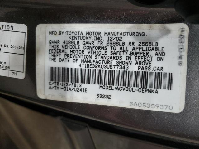 4T1BE32K03U677343 - 2003 TOYOTA CAMRY LE GRAY photo 12