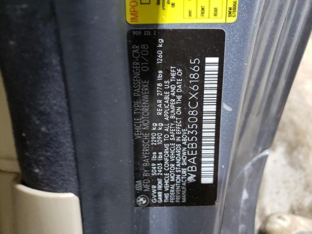 WBAEB53508CX61865 - 2008 BMW 650I I GRAY photo 12