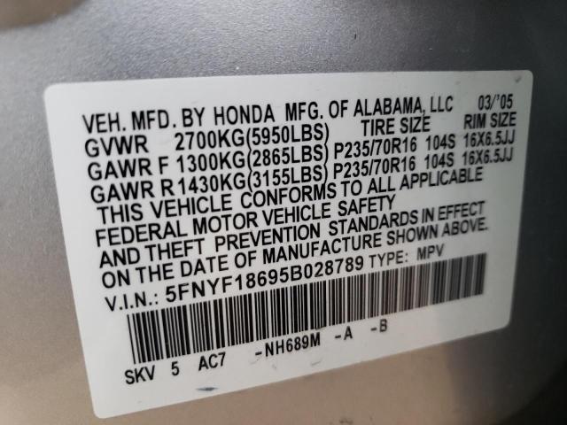 5FNYF18695B028789 - 2005 HONDA PILOT EXL SILVER photo 13