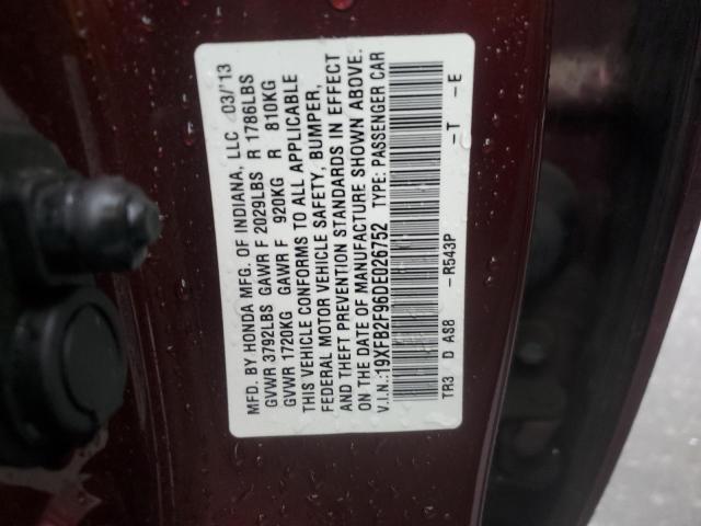 19XFB2F96DE026752 - 2013 HONDA CIVIC EXL ბურგუნდია ფოტო 12