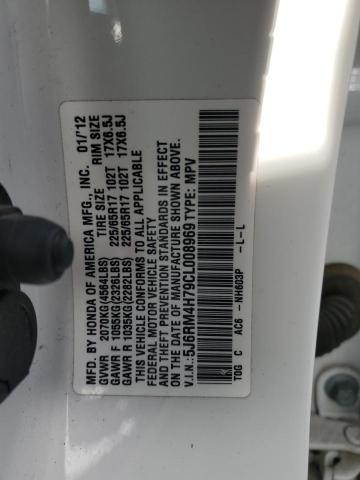 5J6RM4H79CL008969 - 2012 HONDA CR-V EXL WHITE photo 13