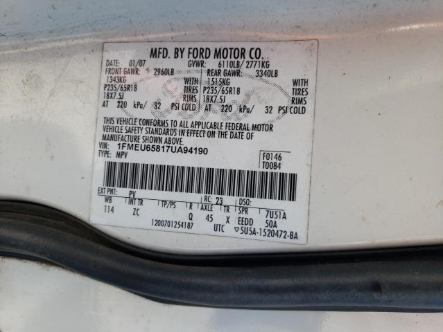 1FMEU65817UA94190 - 2007 FORD EXPLORER LIMITED WHITE photo 13