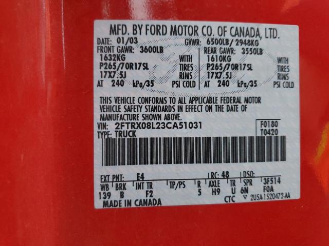 2FTRX08L23CA51031 - 2003 FORD F150 RED photo 12