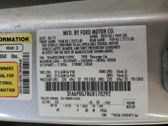 3FA6P0G78GR170292 - 2016 FORD FUSION S SILVER photo 13