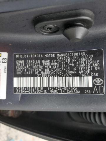 2T1BU40E59C178375 - 2009 TOYOTA COROLLA BASE GRAY photo 12