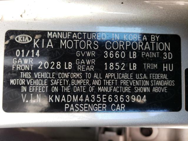 KNADM4A35E6363904 - 2014 KIA RIO LX SILVER photo 12