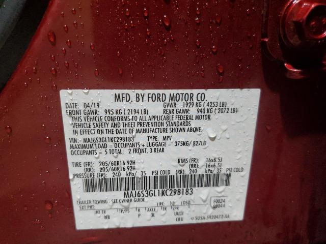 MAJ6S3GL1KC298183 - 2019 FORD ECOSPORT SE RED photo 13