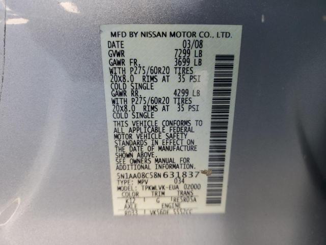 5N1AA08C58N631837 - 2008 NISSAN ARMADA SE SILVER photo 12