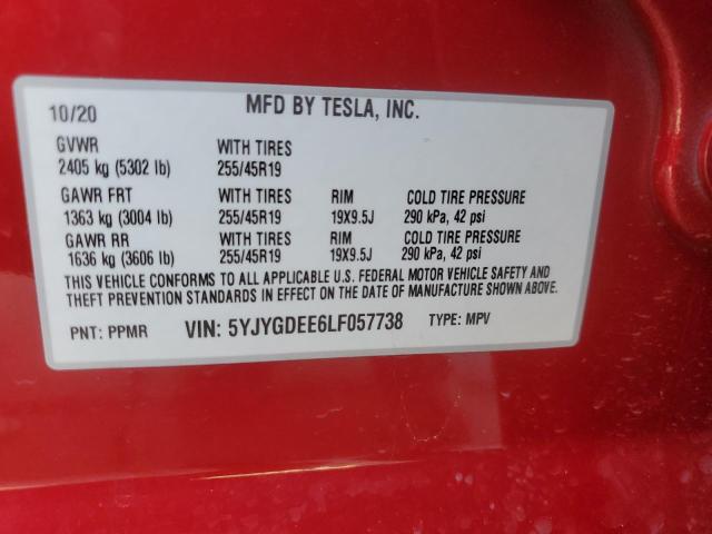 5YJYGDEE6LF057738 - 2020 TESLA MODEL Y RED photo 12