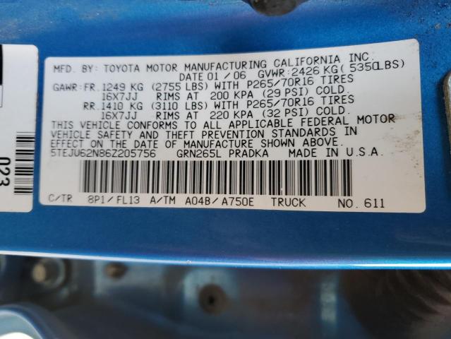 5TEJU62N86Z205756 - 2006 TOYOTA TACOMA DOUBLE CAB PRERUNNER BLUE photo 12