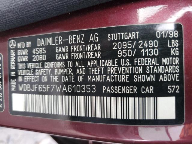 WDBJF65F7WA610353 - 1998 MERCEDES-BENZ E 320 BURGUNDY photo 12