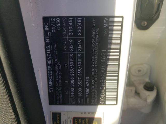 4JGDA5HBXCA074621 - 2012 MERCEDES-BENZ ML 350 4MATIC WHITE photo 13