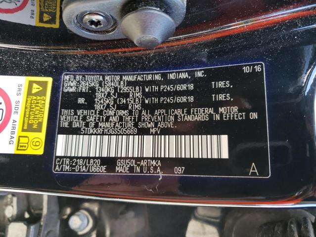 5TDKKRFH3GS505669 - 2016 TOYOTA HIGHLANDER XLE BLACK photo 12