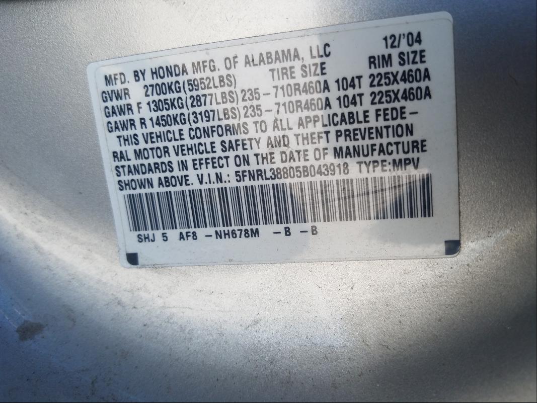 5FNRL38805B043918 - 2005 HONDA ODYSSEY TOURING SILVER photo 10