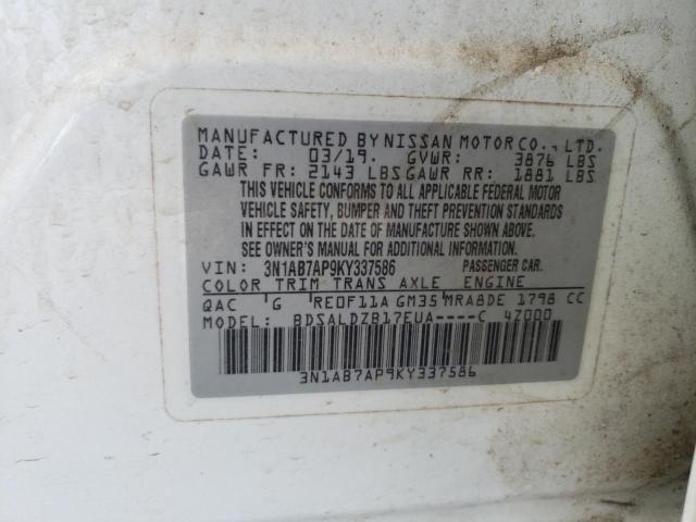 3N1AB7AP9KY337586 - 2019 NISSAN SENTRA S WHITE photo 12