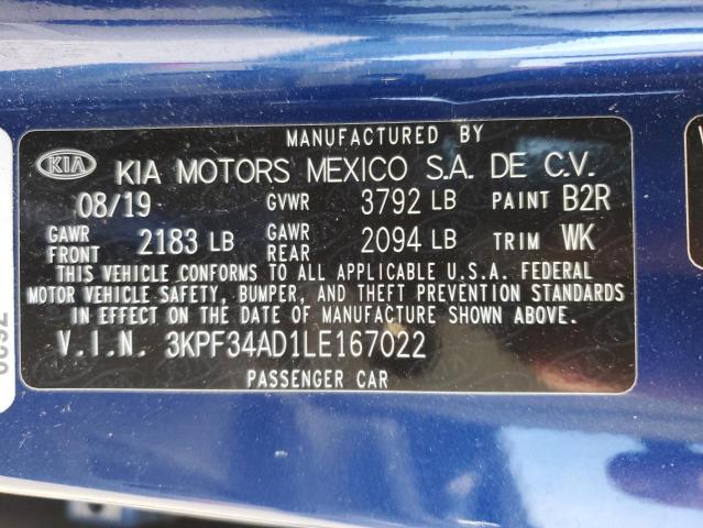 3KPF34AD1LE167022 - 2020 KIA FORTE GT LINE BLUE photo 13