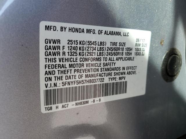 5FNYF5H57HB037722 - 2017 HONDA PILOT EXL SILVER photo 13