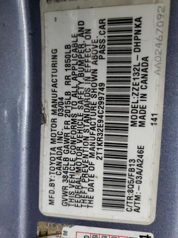 2T1KR32E94C299749 - 2004 TOYOTA COROLLA MA XR BLUE photo 13