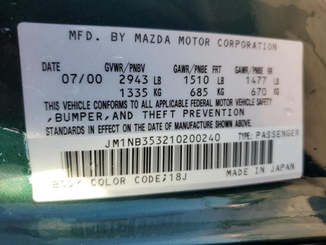 JM1NB353210200240 - 2001 MAZDA MX-5 MIATA BASE GREEN photo 12