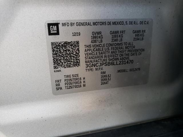 3GNCJPSB6LL231470 - 2020 CHEVROLET TRAX 1LT SILVER photo 13