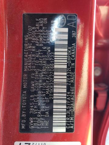 2T1KR32E27C661733 - 2007 TOYOTA COROLLA MA XR RED photo 12