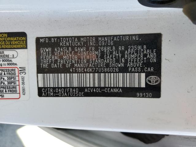 4T1BE46K77U586026 - 2007 TOYOTA CAMRY CE WHITE photo 12