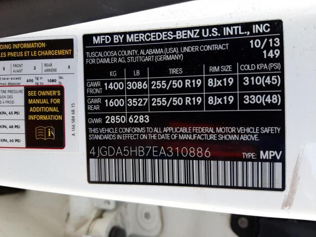 4JGDA5HB7EA310886 - 2014 MERCEDES-BENZ ML 350 4MATIC WHITE photo 12