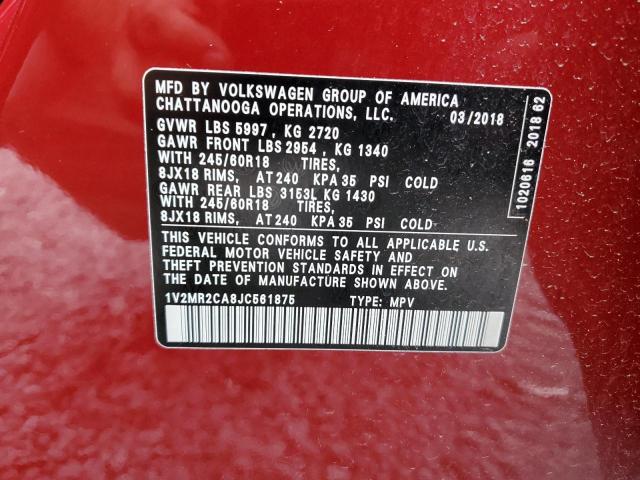 1V2MR2CA8JC561875 - 2018 VOLKSWAGEN ATLAS SEL RED photo 13