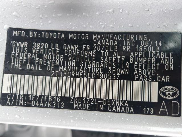 2T1BURHE5EC190537 - 2014 TOYOTA COROLLA L SILVER photo 12