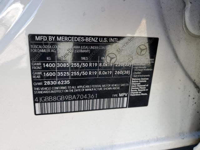 4JGBB8GB9BA704361 - 2011 MERCEDES-BENZ ML 350 4MATIC WHITE photo 12