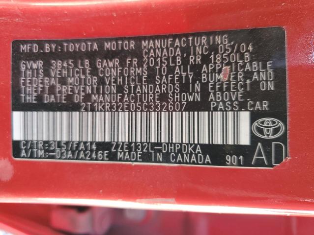 2T1KR32E05C332607 - 2005 TOYOTA COROLLA MA XR RED photo 12