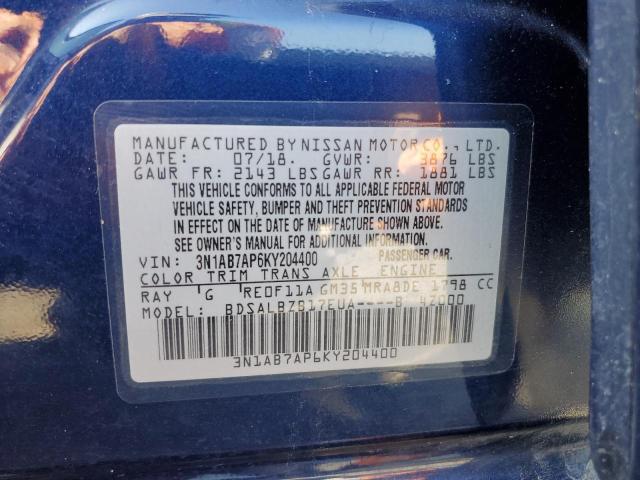 3N1AB7AP6KY204400 - 2019 NISSAN SENTRA S BLUE photo 12