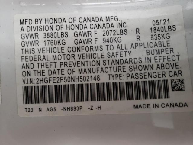 2HGFE2F50NH502148 - 2022 HONDA CIVIC SPORT WHITE photo 12